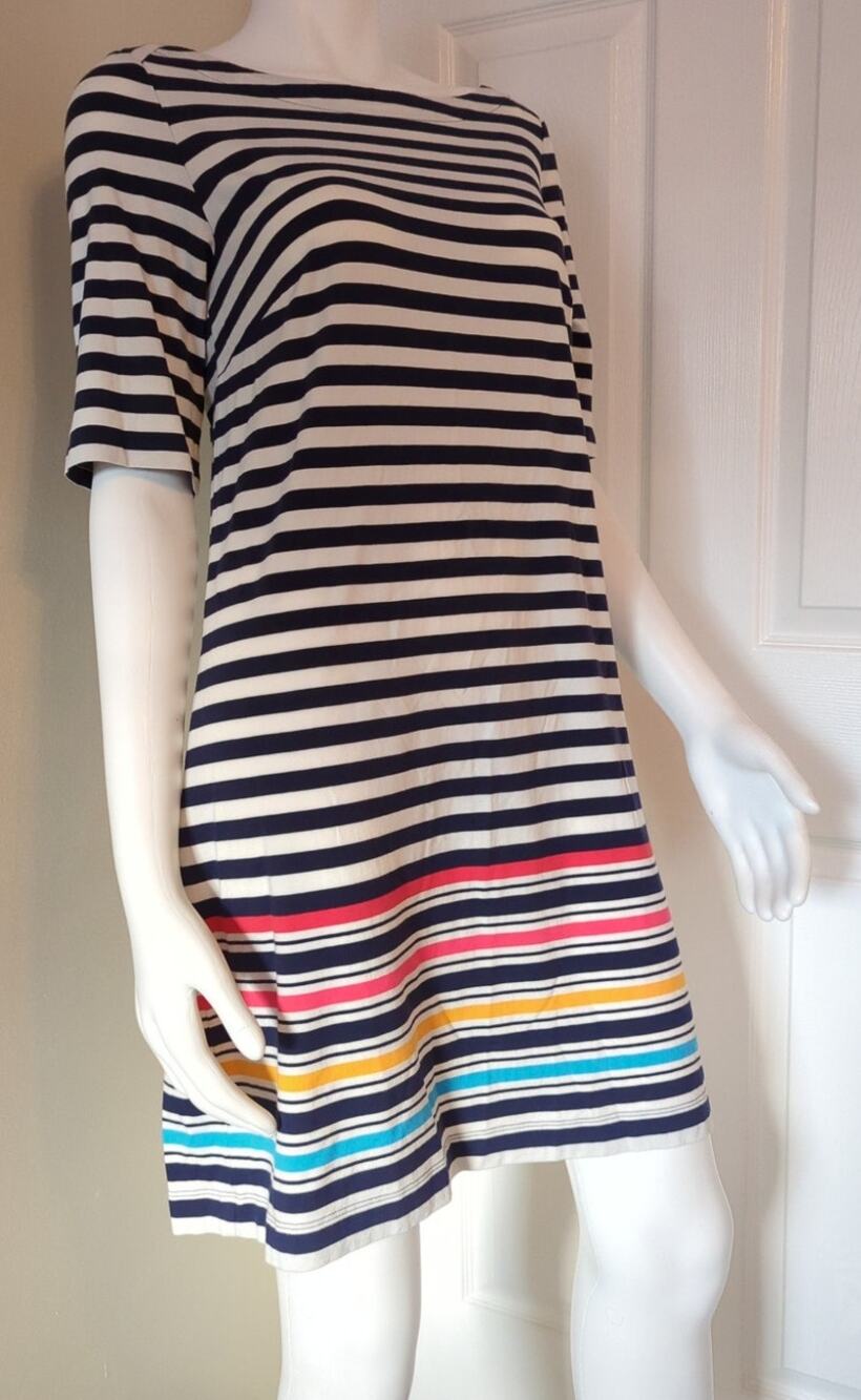 TOMMY HILFIGER Blue White Rainbow Striped A-line Short Sleeve Dress Women Size M